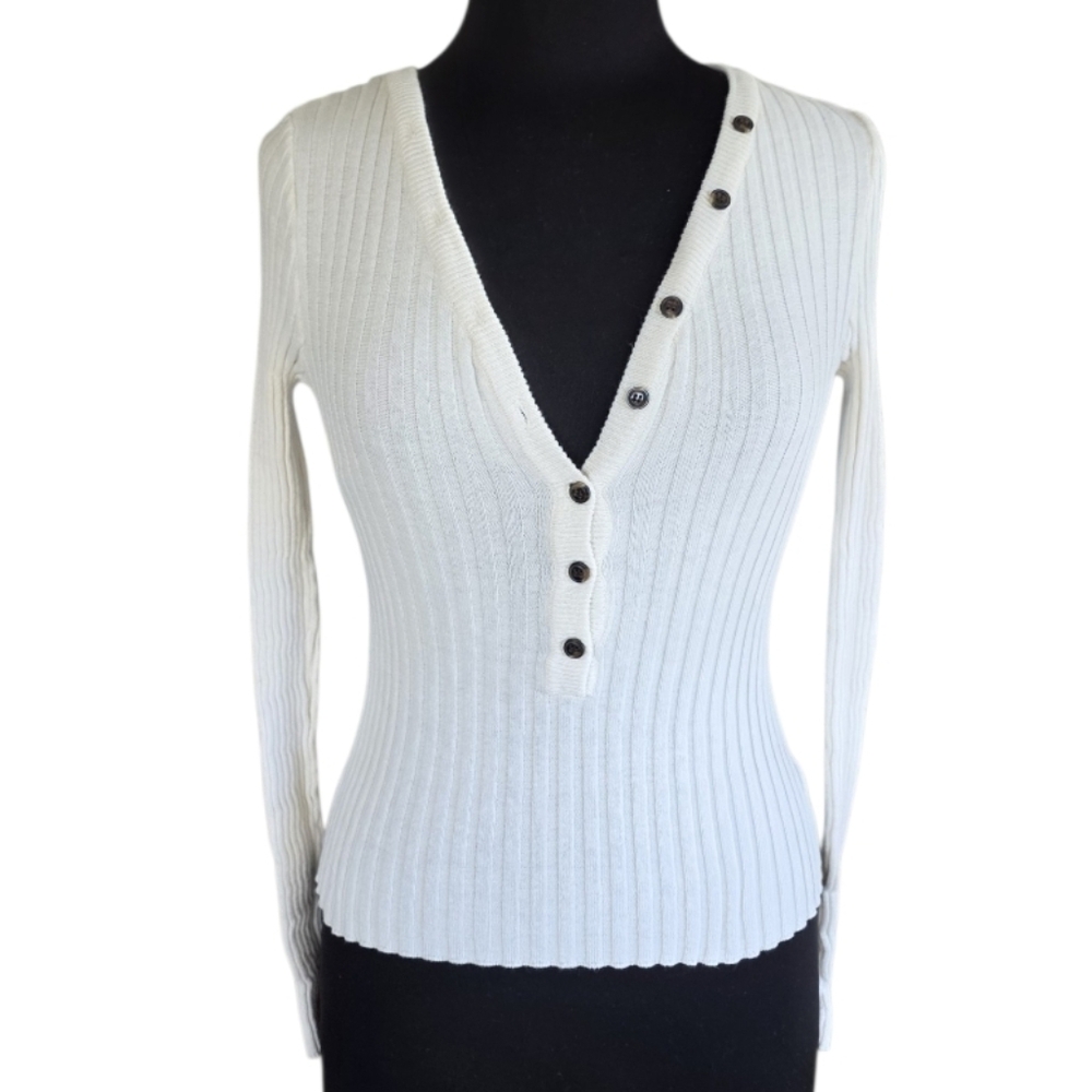 By Together Bella Henley Cream Ribbed Long Sleeve Top Elena Aesthetic